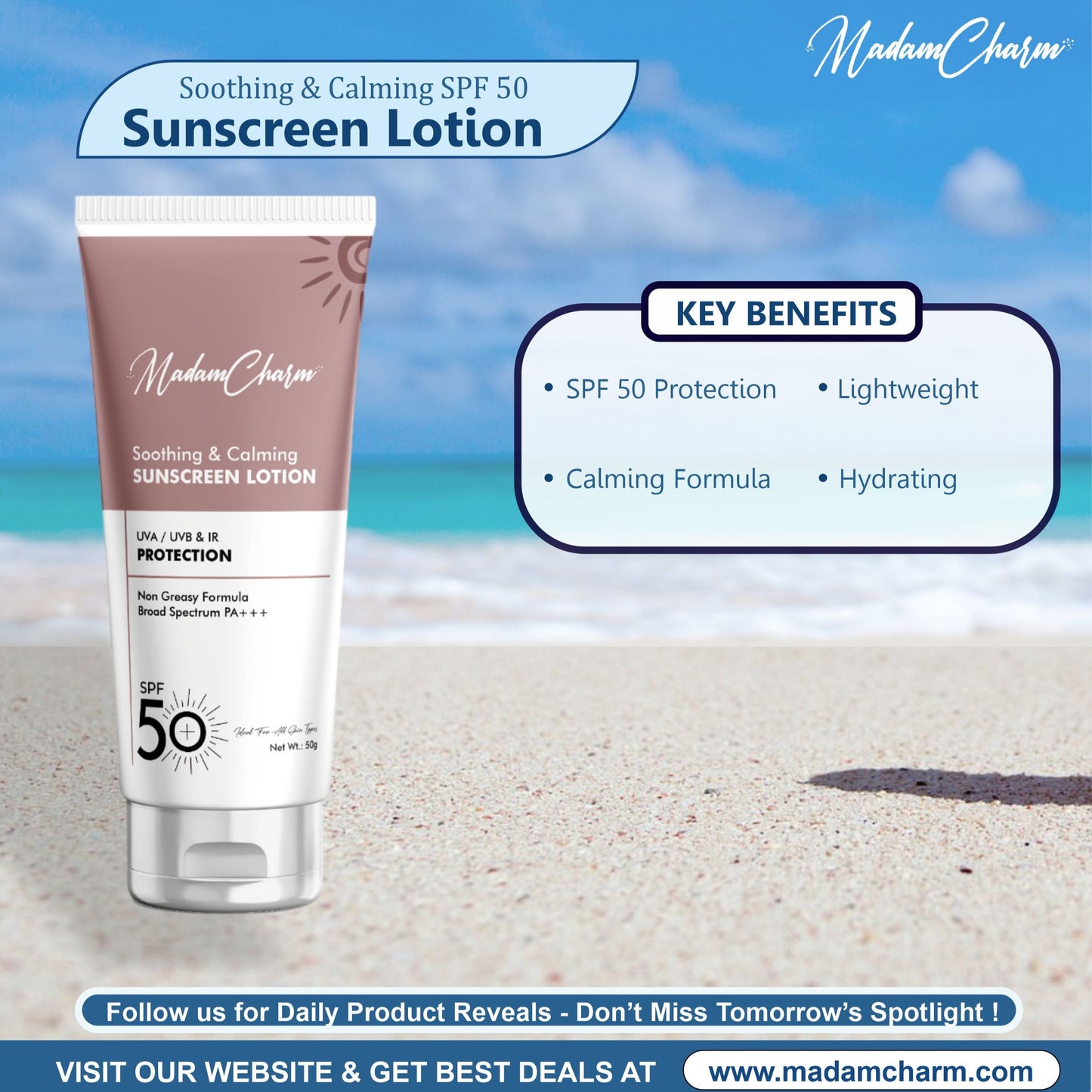 MadamCharm Soothing and Calming SPF 50 Sunscreen Lotion || 50g