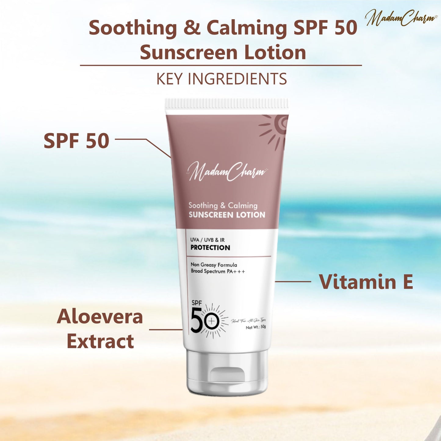 MadamCharm Soothing and Calming SPF 50 Sunscreen Lotion || 50g